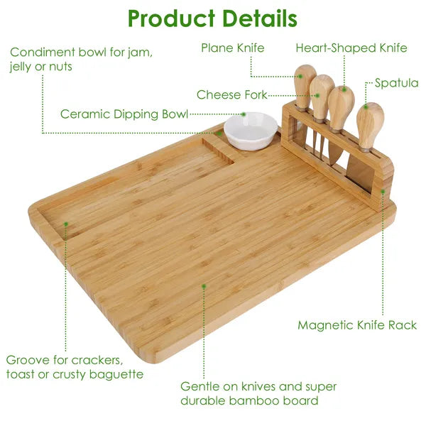 Premium Bamboo Charcuterie Cheese Board Set – Serving Tray With Knives (Fast USA Shipping)