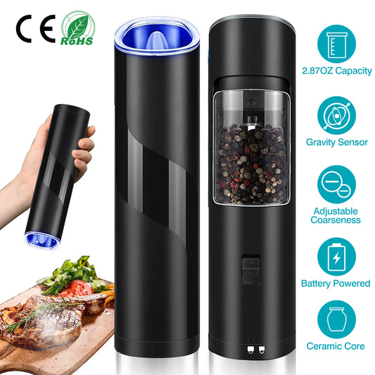 Electric Gravity Salt & Pepper Grinder – One-Hand Automatic Seasoning Mill (LED Light + Adjustable Coarseness)
