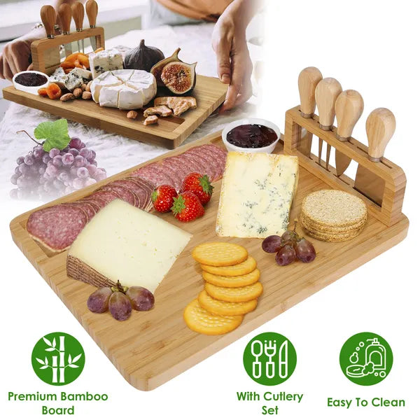 Premium Bamboo Charcuterie Cheese Board Set – Serving Tray With Knives (Fast USA Shipping)