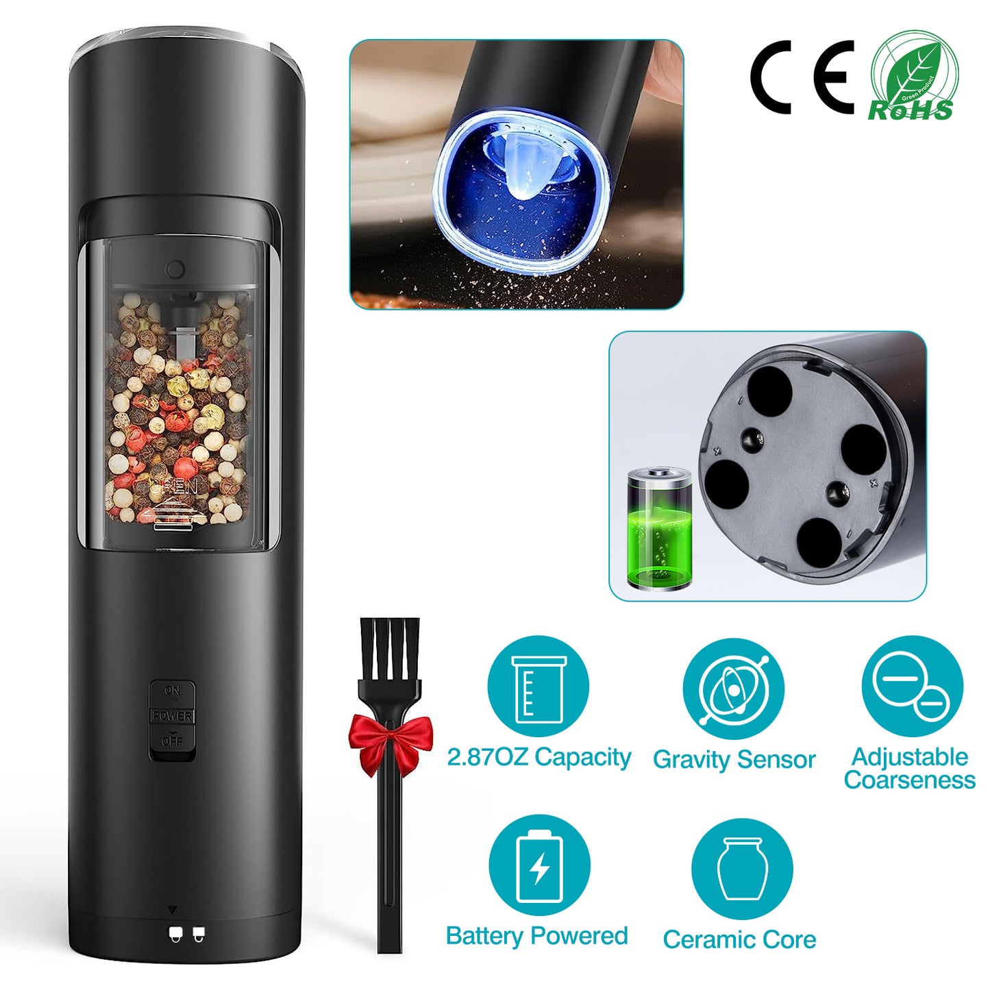 Electric Gravity Salt & Pepper Grinder – One-Hand Automatic Seasoning Mill (LED Light + Adjustable Coarseness)