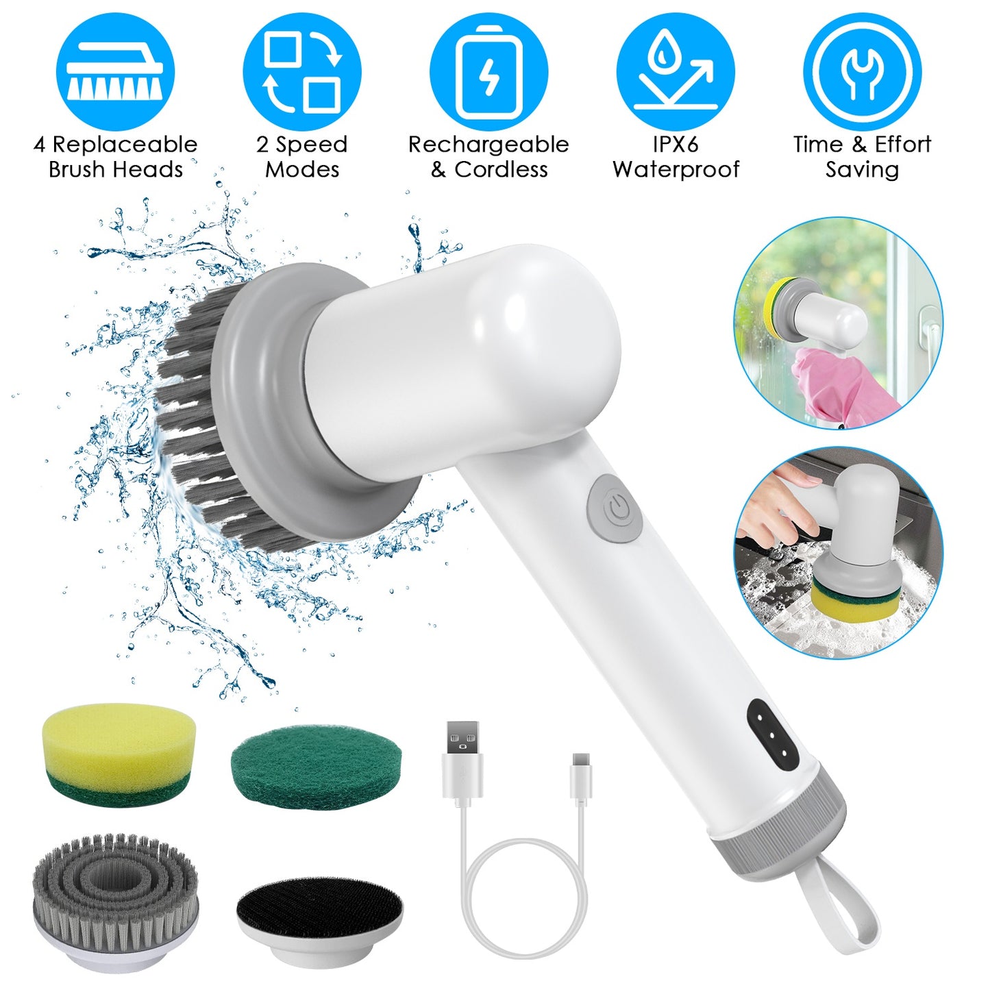 Electric Cleaning Scrubber – 3-Speed Handheld Power Brush With Multiple Cleaning Heads (Fast USA Shipping)
